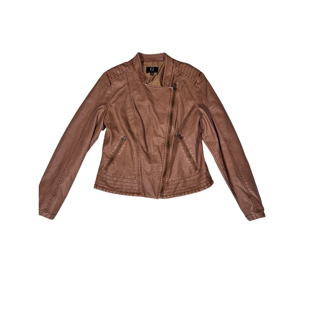 G by Giuliana Womens M Faux Leather Moto Jacket Brown Reptile Textured Zip